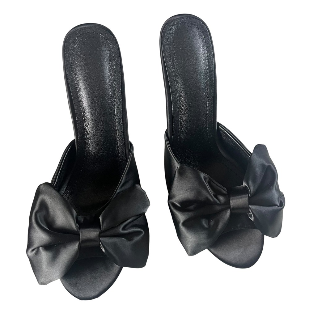 Satin Bow Stiletto Mules High Heels Women Size 8 Black Coquette Chic EU 39 - Picture 10 of 12